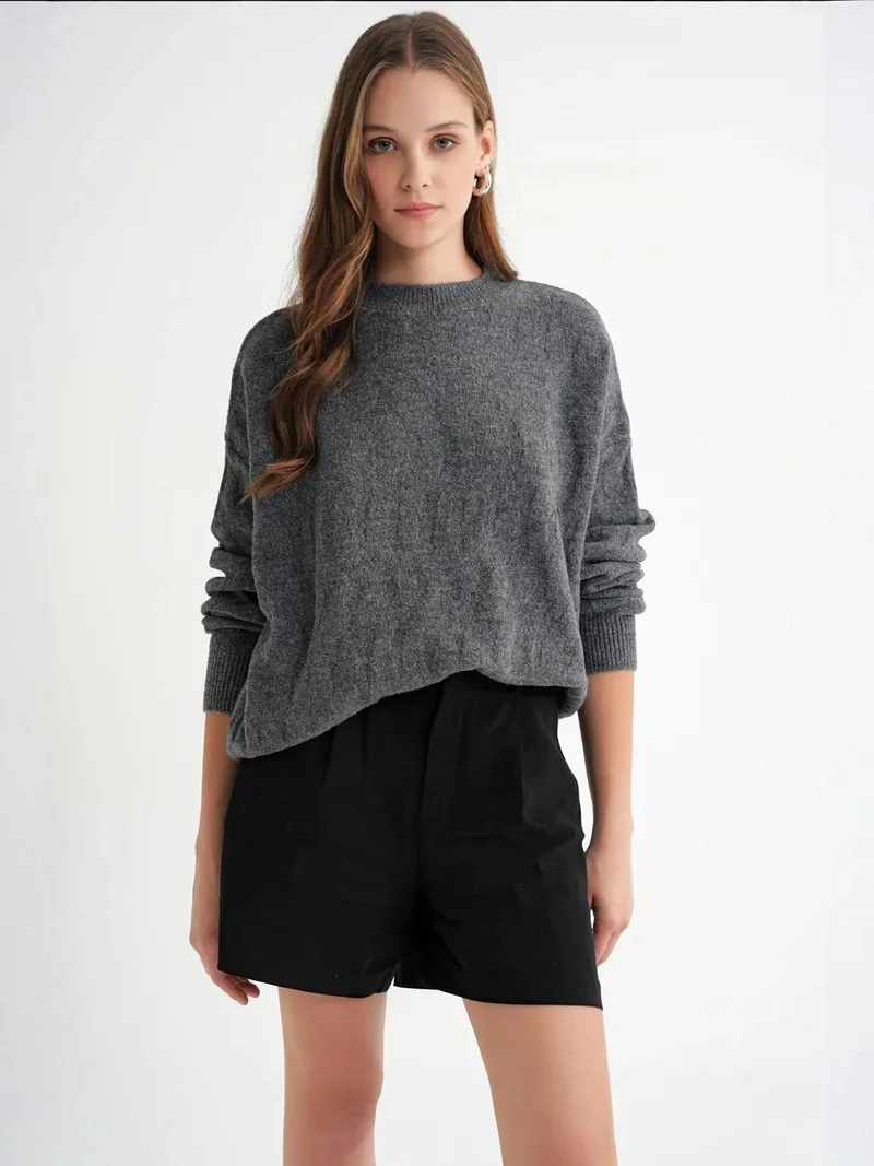 Mixray Dark Grey Mixray Ribbed Knitwear Pullover Sweater with Hair Braid Pattern for Women | Best Price UAE