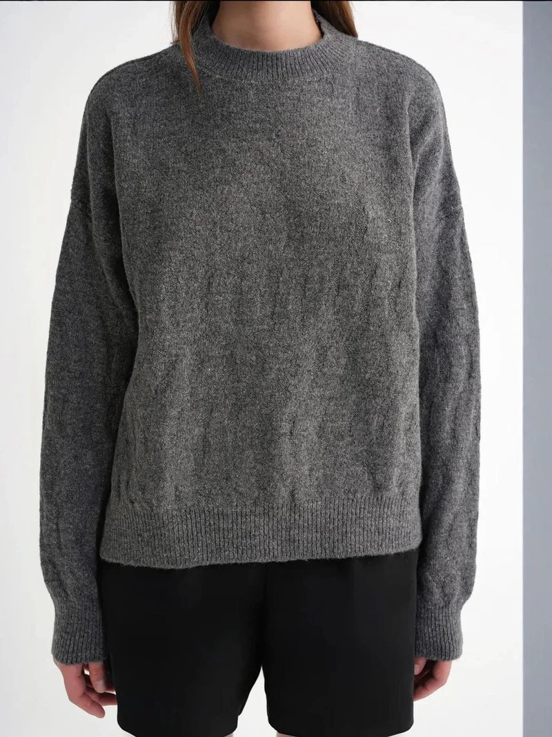Mixray Dark Grey Mixray Ribbed Knitwear Pullover Sweater with Hair Braid Pattern for Women | Best Price UAE