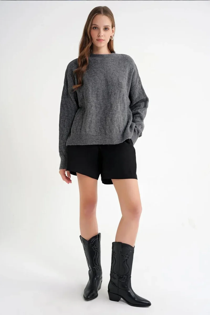 Mixray Mixray Ribbed Knitwear Pullover Sweater with Hair Braid Pattern