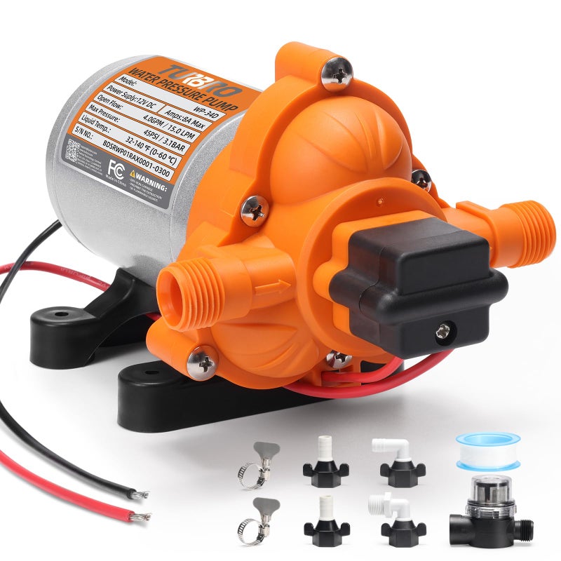 TURBRO 4.0 GPM 45 psi RV Water Pump, 12V DC Self-Priming Diaphragm Pump, Water Pressure Pump with Pressure Switch and Overheating Protection, for RV, Marine, Boat, Yacht, Camper, Garden, Irrigation - Image 1