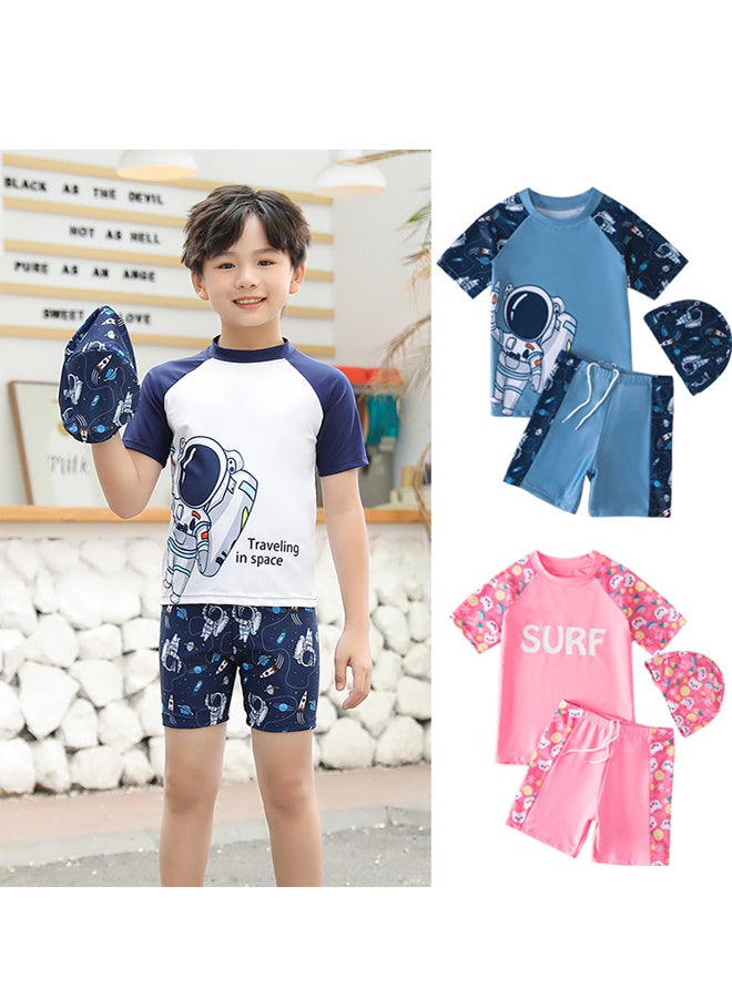 Three Piece Kids Swimsuit with Cap Set Boys Cartoon Print Swimwear Children Beachwear Bathing Suit for Summer - Image 3