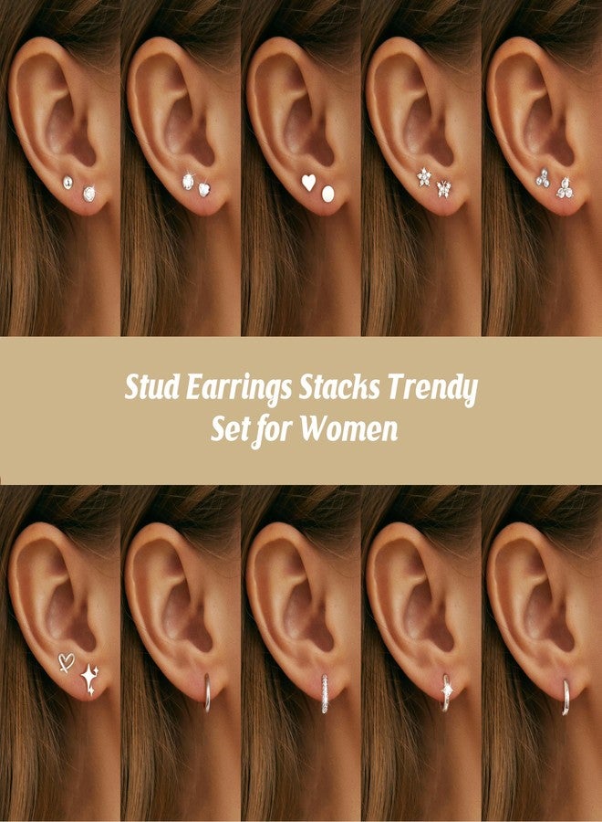 KesaPlan Stud Earrings for Women 14K Gold Plated Hypoallergenic Hoop Earrings Set Small Studs Hoop Huggie Earring Multiple Piercing Star Heart Ball Cubic Zirconia Studs Stacks Trendy for Women Men (Stud Earrings Set Silver) - Image 4