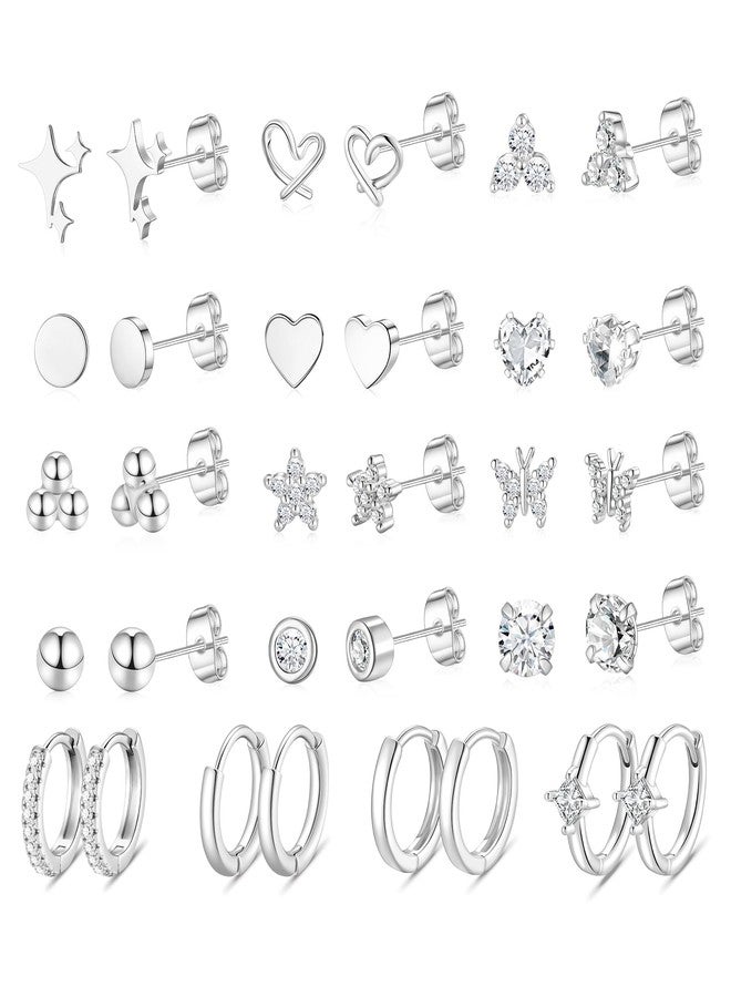 KesaPlan Stud Earrings for Women 14K Gold Plated Hypoallergenic Hoop Earrings Set Small Studs Hoop Huggie Earring Multiple Piercing Star Heart Ball Cubic Zirconia Studs Stacks Trendy for Women Men (Stud Earrings Set Silver) - Image 1