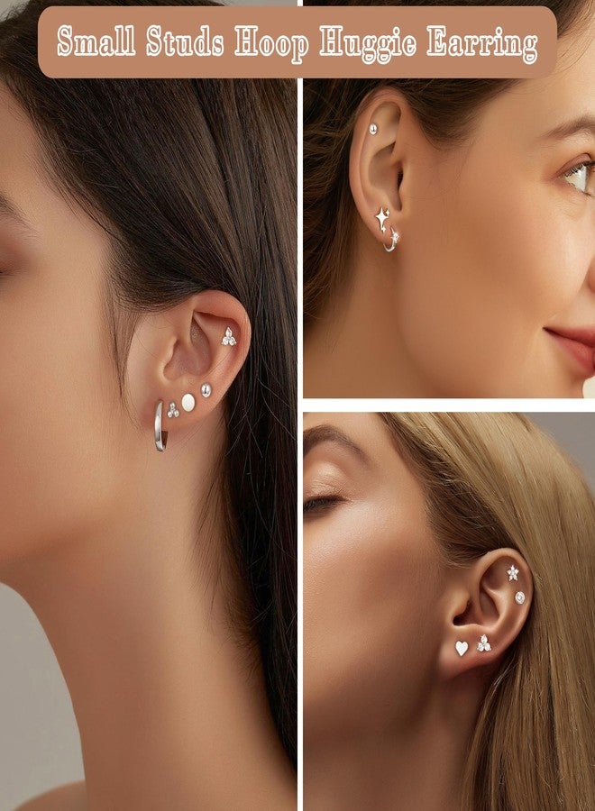 KesaPlan Stud Earrings for Women 14K Gold Plated Hypoallergenic Hoop Earrings Set Small Studs Hoop Huggie Earring Multiple Piercing Star Heart Ball Cubic Zirconia Studs Stacks Trendy for Women Men (Stud Earrings Set Silver) - Image 2