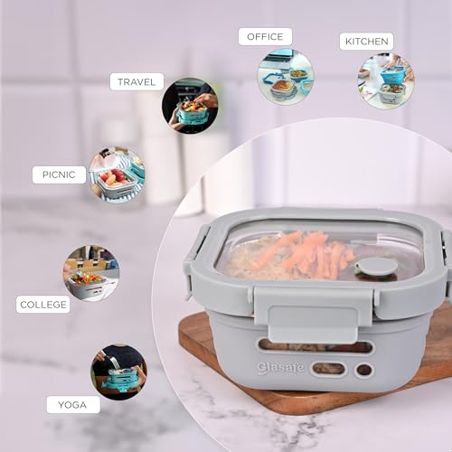 GLASAFE Glass Lunch Box for Office w/t Air Tight Glass lid & Protective Silicone Sleeve | Tiffin Box for Men & Women | 100% Borosilicate Glass | Microwave & Dishwasher Safe | 320ml (Grey) - Image 4