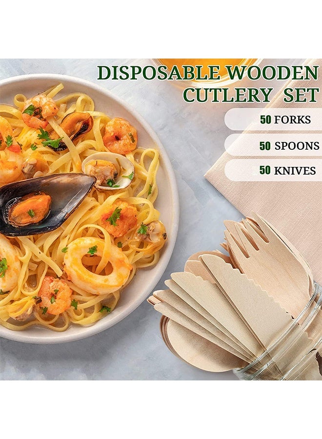 Peachjoy 50pcs Disposable Wooden Cutlery Set, Excellent quality, Eco Friendly Biodegradable & Compostable For Party Picnic Office Wedding & Indoor/Outdoor use, Deep spoons strong forks sharp knives. - Image 3