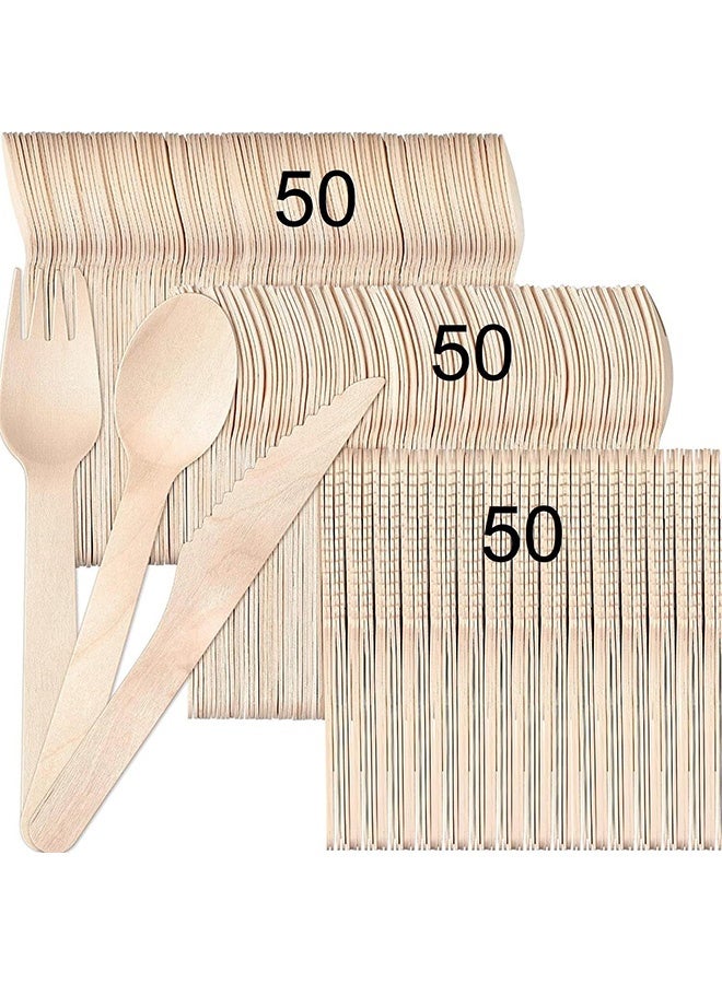 Peachjoy 50pcs Disposable Wooden Cutlery Set, Excellent quality, Eco Friendly Biodegradable & Compostable For Party Picnic Office Wedding & Indoor/Outdoor use, Deep spoons strong forks sharp knives. - Image 1