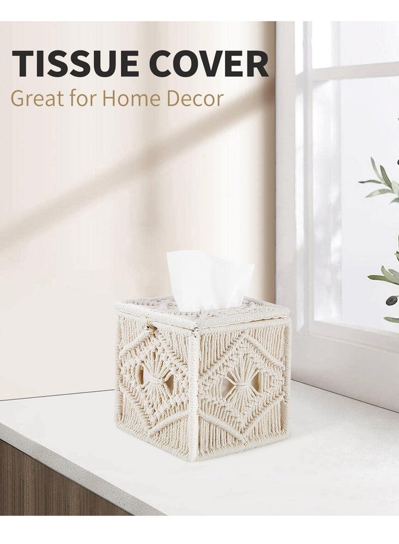 كابتن تيك Tissue Box Cover Boho Decor, Square Handmade Woven Tissue Box Holder with Bead Buckle Macrame Cube Facial Tissue Dispenser Napkin Tissues Organizer for Bathroom, Living Room, Bedroom (Ivory) - Image 2
