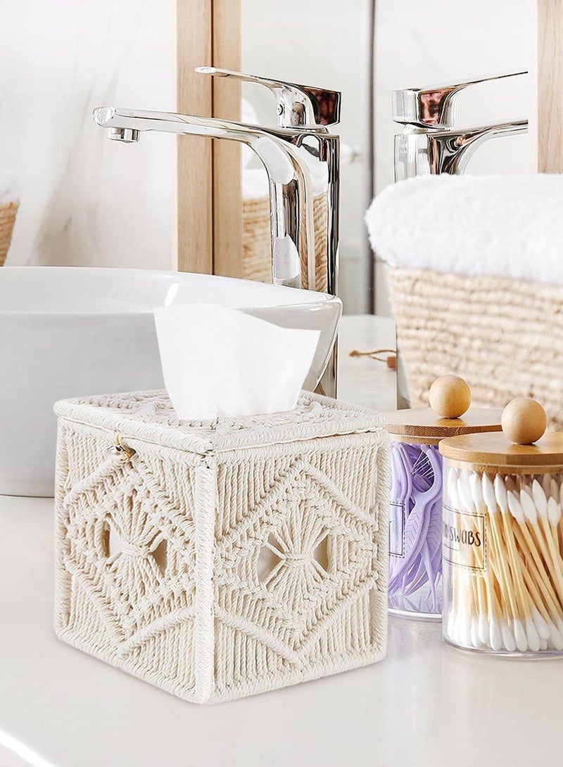 كابتن تيك Tissue Box Cover Boho Decor, Square Handmade Woven Tissue Box Holder with Bead Buckle Macrame Cube Facial Tissue Dispenser Napkin Tissues Organizer for Bathroom, Living Room, Bedroom (Ivory) - Image 3