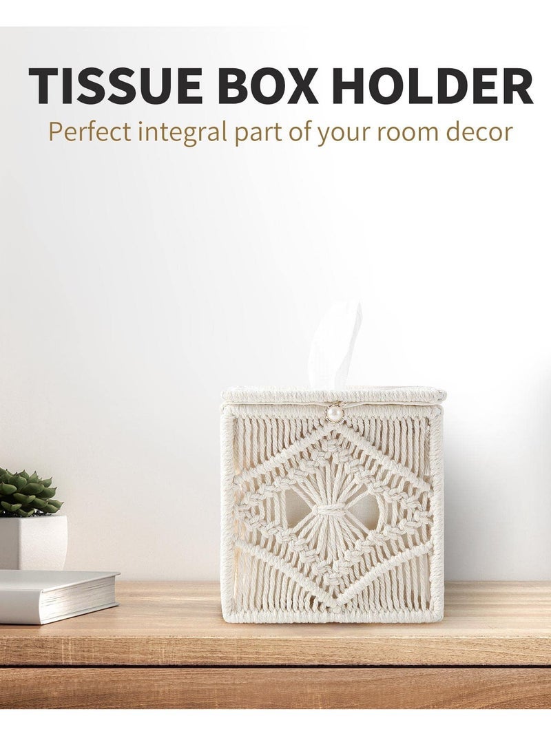 كابتن تيك Tissue Box Cover Boho Decor, Square Handmade Woven Tissue Box Holder with Bead Buckle Macrame Cube Facial Tissue Dispenser Napkin Tissues Organizer for Bathroom, Living Room, Bedroom (Ivory) - Image 4