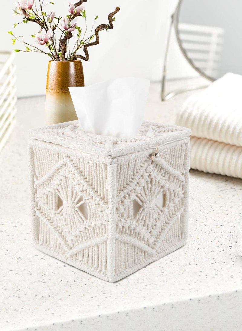 كابتن تيك Tissue Box Cover Boho Decor, Square Handmade Woven Tissue Box Holder with Bead Buckle Macrame Cube Facial Tissue Dispenser Napkin Tissues Organizer for Bathroom, Living Room, Bedroom (Ivory) - Image 5