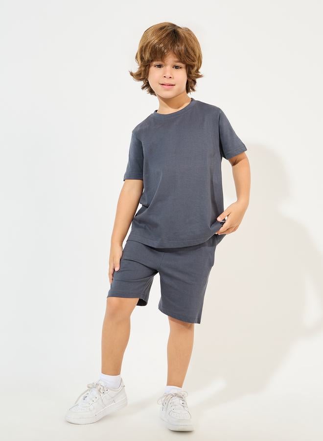 Styli Solid Round Neck T-Shirt & Shorts Set  - Image 1