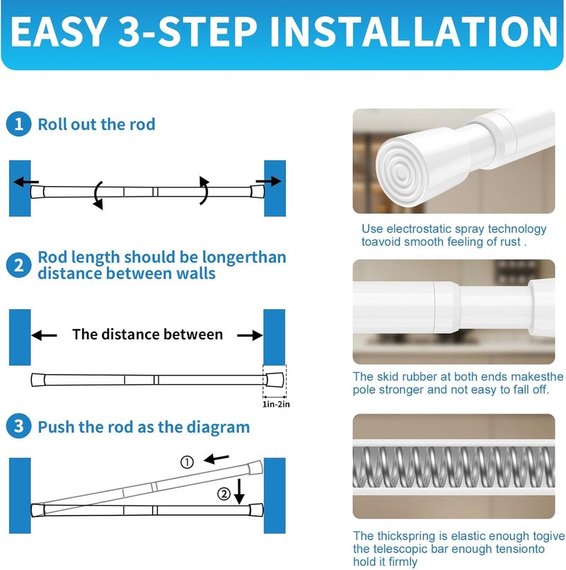 AIZESI Tension Curtain Rod for Windows 26.5 to 36 inch, Adjustable Expandable Pressure Spring Curtain Rod No Drilling, White Curtain Rod for Bedroom Doorway Closet Door - Image 5
