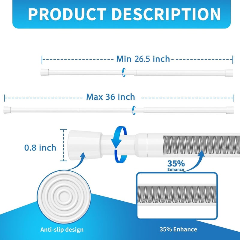 AIZESI Tension Curtain Rod for Windows 26.5 to 36 inch, Adjustable Expandable Pressure Spring Curtain Rod No Drilling, White Curtain Rod for Bedroom Doorway Closet Door - Image 4