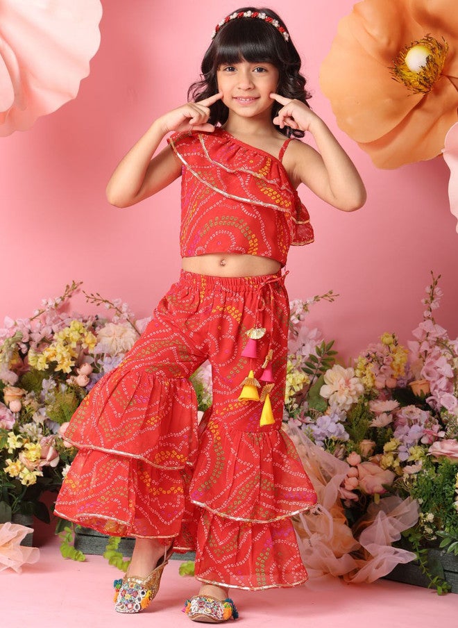 Saka Designs Girls Bandhani Printed Gotta Patti Top with Sharara - Image 1