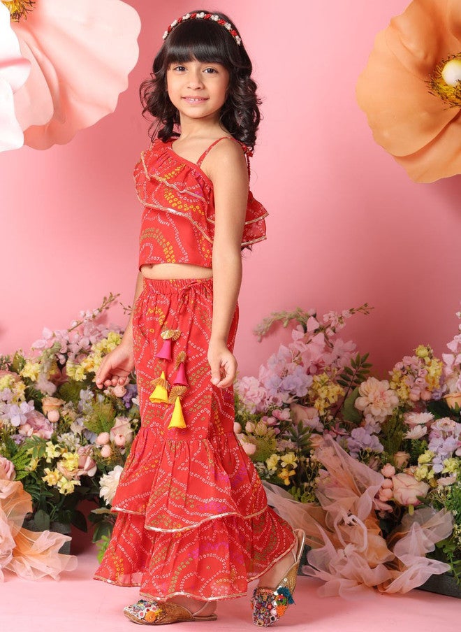 Saka Designs Girls Bandhani Printed Gotta Patti Top with Sharara - Image 3