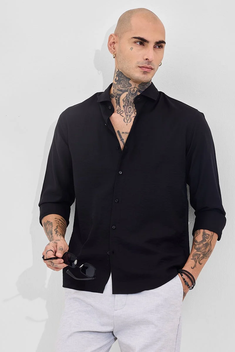سنيتش Black Textured Long Sleeve Slim Fit Shirt