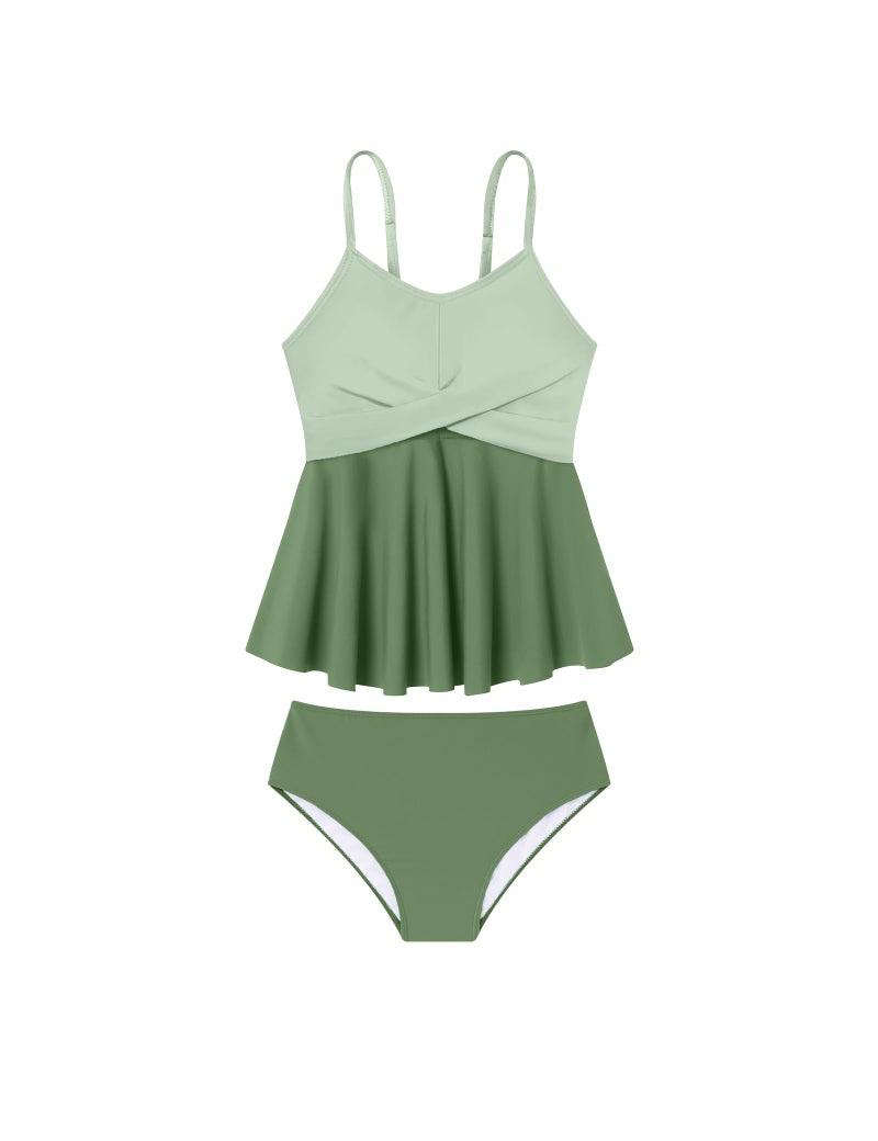 Fuermos Girls' Swimwear 2 Piece Tankini Sets Criss Cross Ruffled Bathing Suit with Adjustable Straps Girls Swimsuits Size 10-12 Green - Image 1
