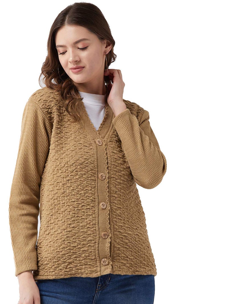 Pivl Women's Blended V-Neck Cardigan (PV502_Camel_Medium) - Image 1