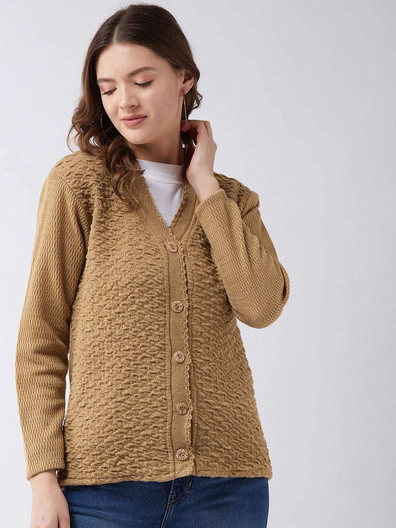 Pivl Women's Blended V-Neck Cardigan (PV502_Camel_Medium) - Image 2