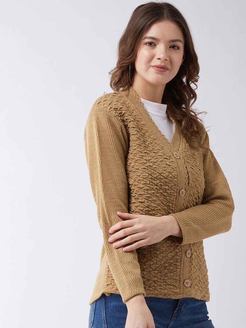 Pivl Women's Blended V-Neck Cardigan (PV502_Camel_Medium) - Image 5