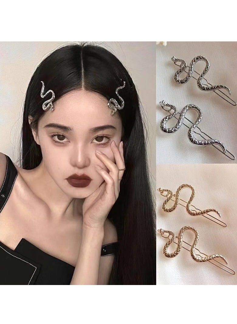 4 قطع من مشابك شعر الثعبان للنساء مشابك شعر الثعبان المعدنية إكسسوارات الشعر للنساء والفتيات دبابيس شعر البانك دبابيس شعر الثعبان (فضي + ذهبي) - Image 1