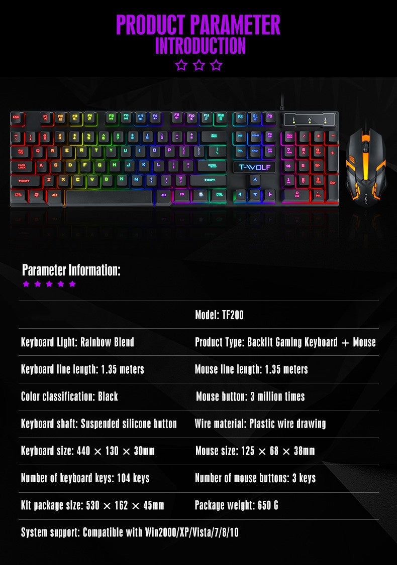 LED Gaming Keyboard and Mouse Set with Mechanical Feel, Water-Resistant Design, Black - Image 2