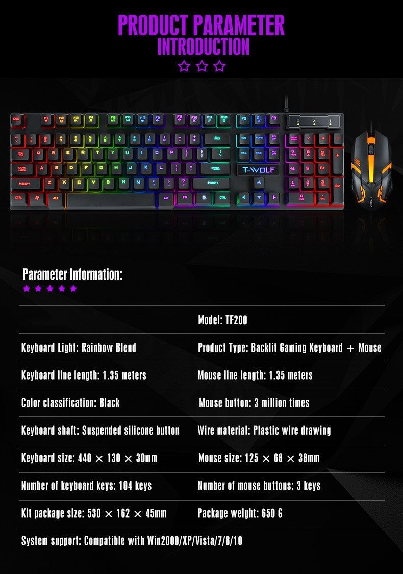 LED Gaming Keyboard and Mouse Set with Mechanical Feel, Water-Resistant Design, Black - Image 3