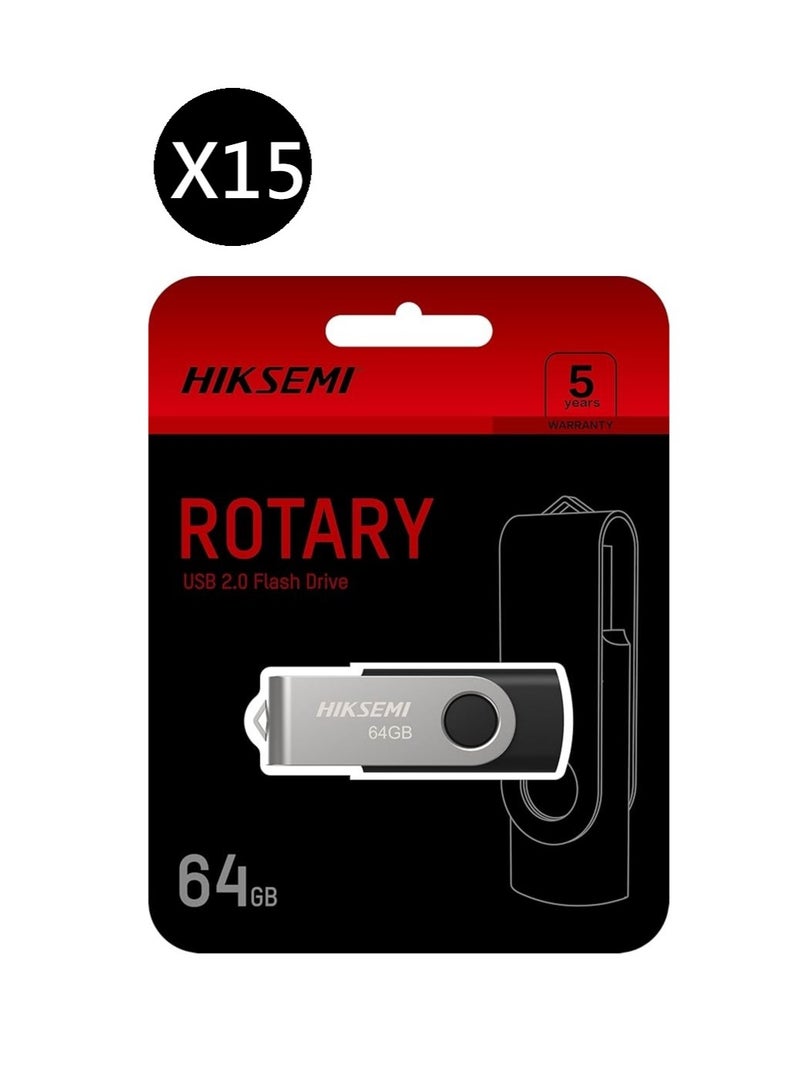 HIKSEMI Bundle Of 15 64GB USB 2.0 Spinning Pen Drive, Silver/Black | HS-USB-M200S 64G |
