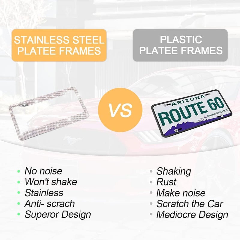 YALOK Bling 2PCS Car License Plate Frame, Handcrafted Crystal Stainless Steel License Plate Frame, Sparkly, Durable, Universal Fit, Car Accessories for Girls, Women (White/AB Color) - Image 4