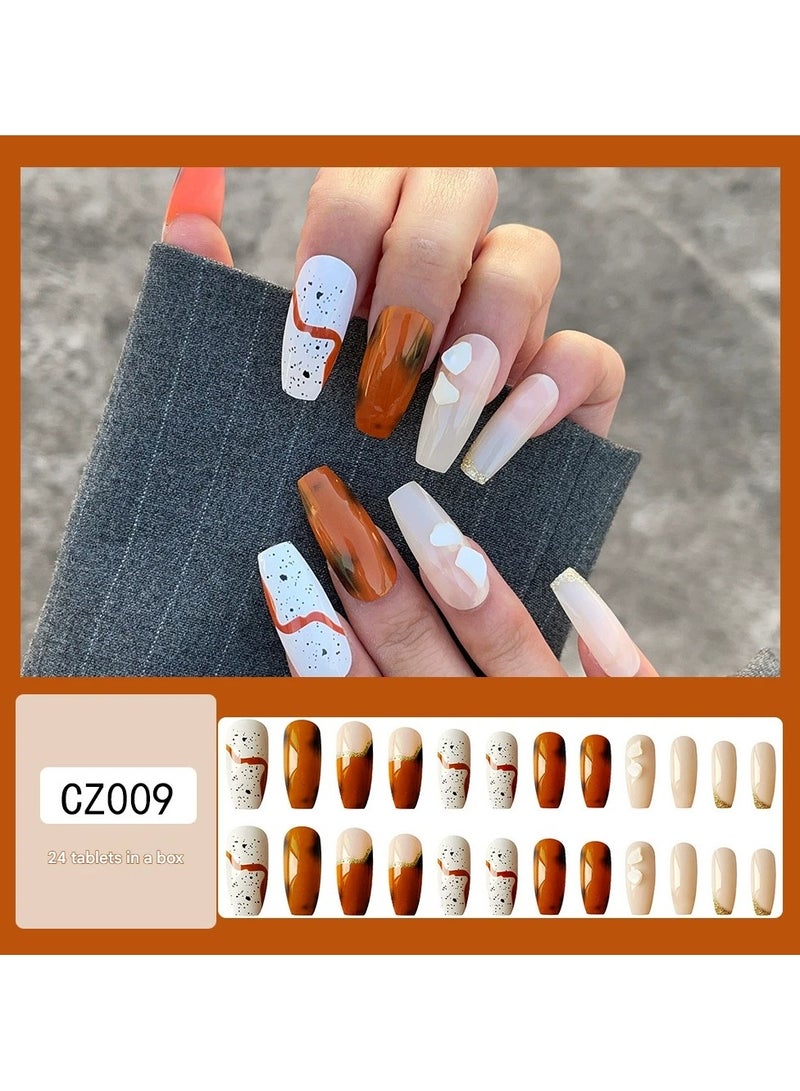 Goolsky Long Coffin Amber Marble Shell Rhinestone Press On Nails – European Style Fake Nail Tips, 24pcs Luxury Party Wear - Image 1