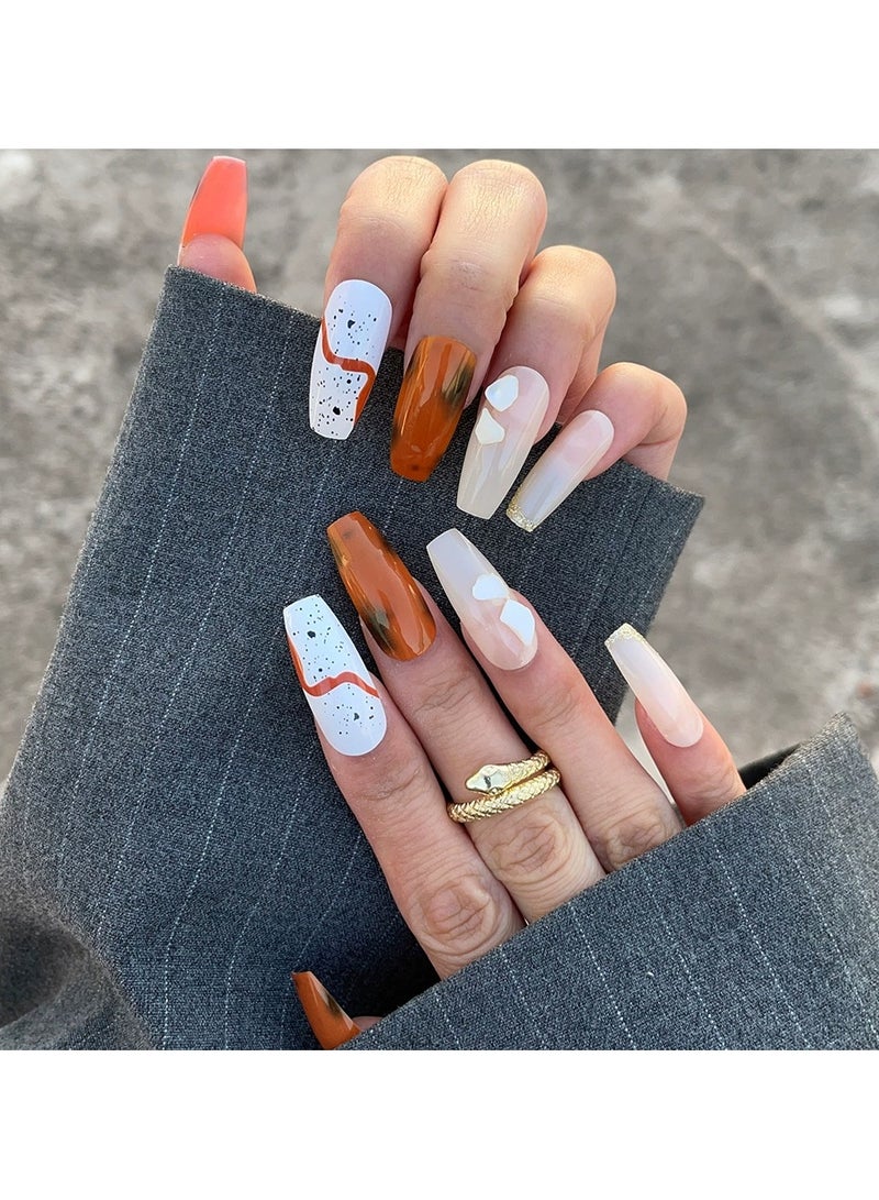 Goolsky Long Coffin Amber Marble Shell Rhinestone Press On Nails – European Style Fake Nail Tips, 24pcs Luxury Party Wear - Image 2