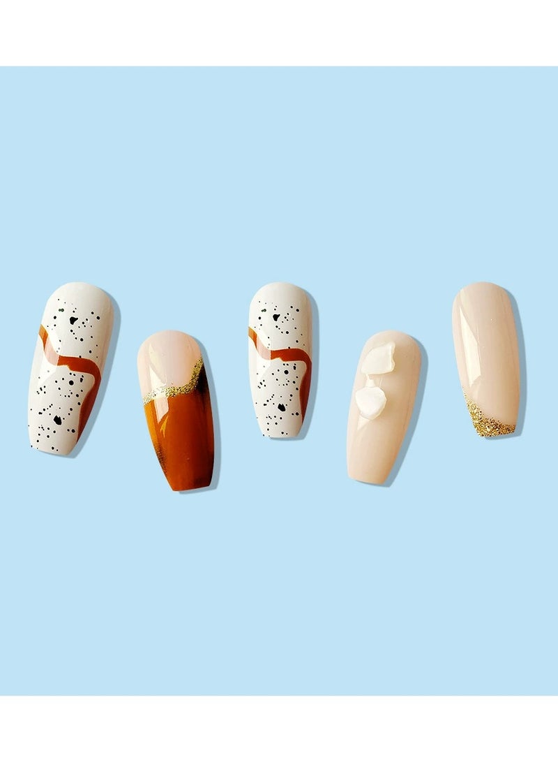 Goolsky Long Coffin Amber Marble Shell Rhinestone Press On Nails – European Style Fake Nail Tips, 24pcs Luxury Party Wear - Image 3