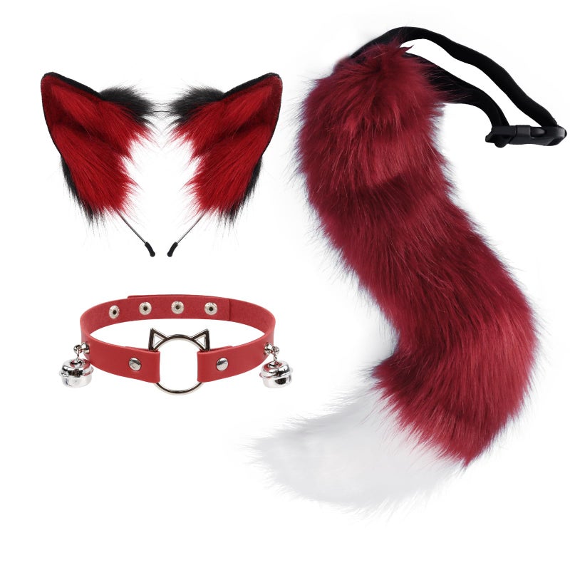 hbbhml Furry Animal Cat Fox Tail Faux Fur Wolf Ear Headband Leather Neck Chocker Costume Set for Party Halloween Cosplay - Image 1