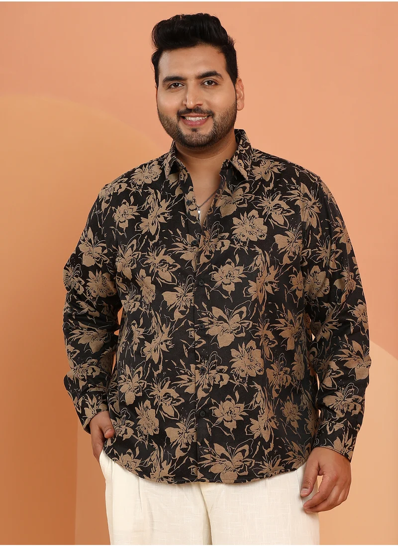 انستافاب بلس Instafab Plus Men's Onyx Black & Camel Brown Contrast-Bloom Shirt For Casual Wear | Spread Collar | Long Cuffed Sleeves | Button Closure | Plus Size Shirt Crafted With Comfort Fit For Everyday Wear
