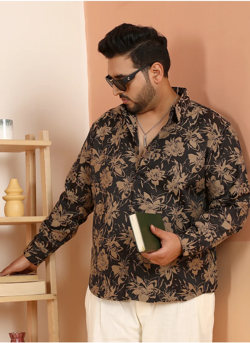 انستافاب بلس Instafab Plus Men's Onyx Black & Camel Brown Contrast-Bloom Shirt For Casual Wear | Spread Collar | Long Cuffed Sleeves | Button Closure | Plus Size Shirt Crafted With Comfort Fit For Everyday Wear