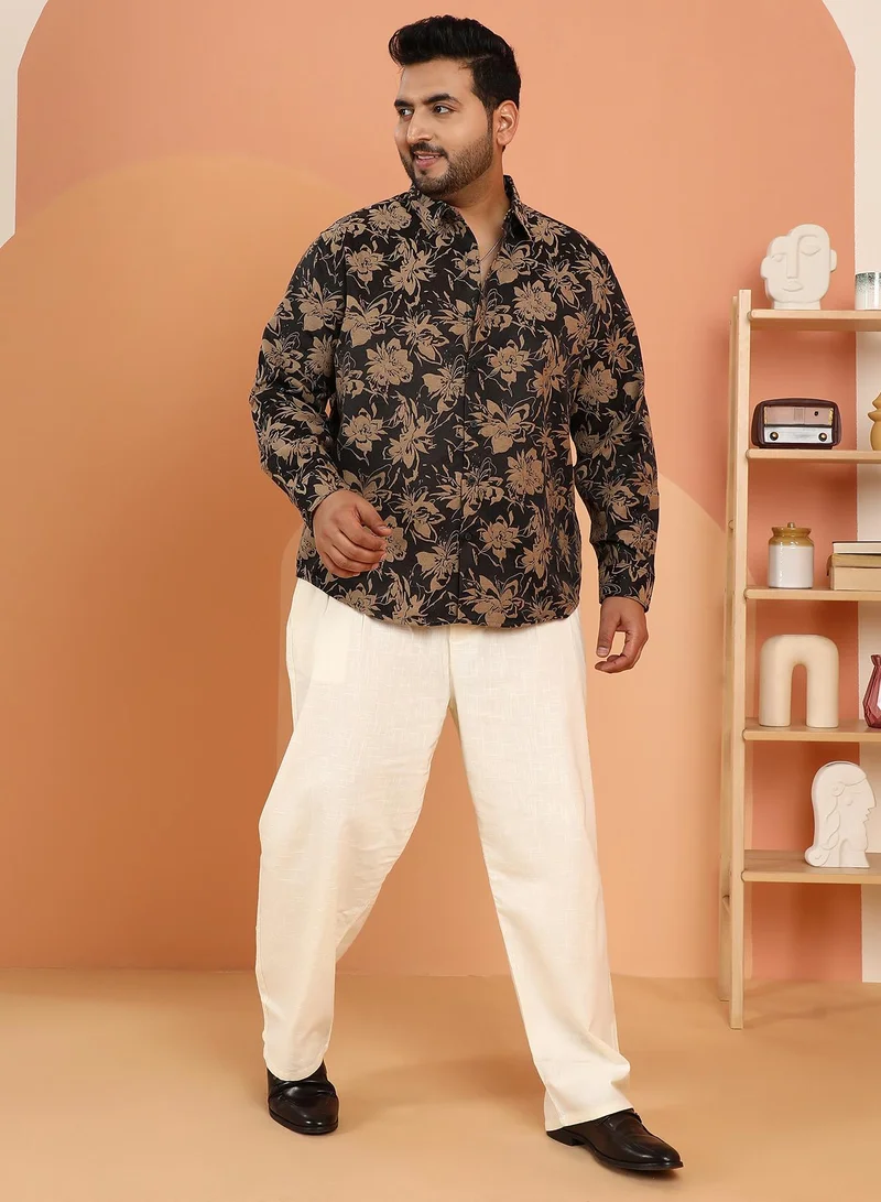 Instafab Plus Instafab Plus Men's Onyx Black & Camel Brown Contrast-Bloom Shirt For Casual Wear | Spread Collar | Long Cuffed Sleeves | Button Closure | Plus Size Shirt Crafted With Comfort Fit For Everyday Wear