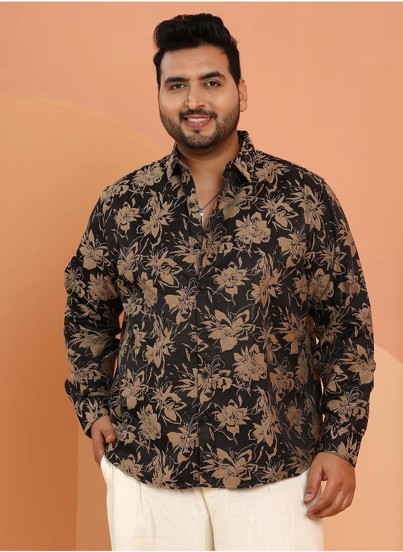انستافاب بلس Instafab Plus Men's Onyx Black & Camel Brown Contrast-Bloom Shirt For Casual Wear | Spread Collar | Long Cuffed Sleeves | Button Closure | Plus Size Shirt Crafted With Comfort Fit For Everyday Wear