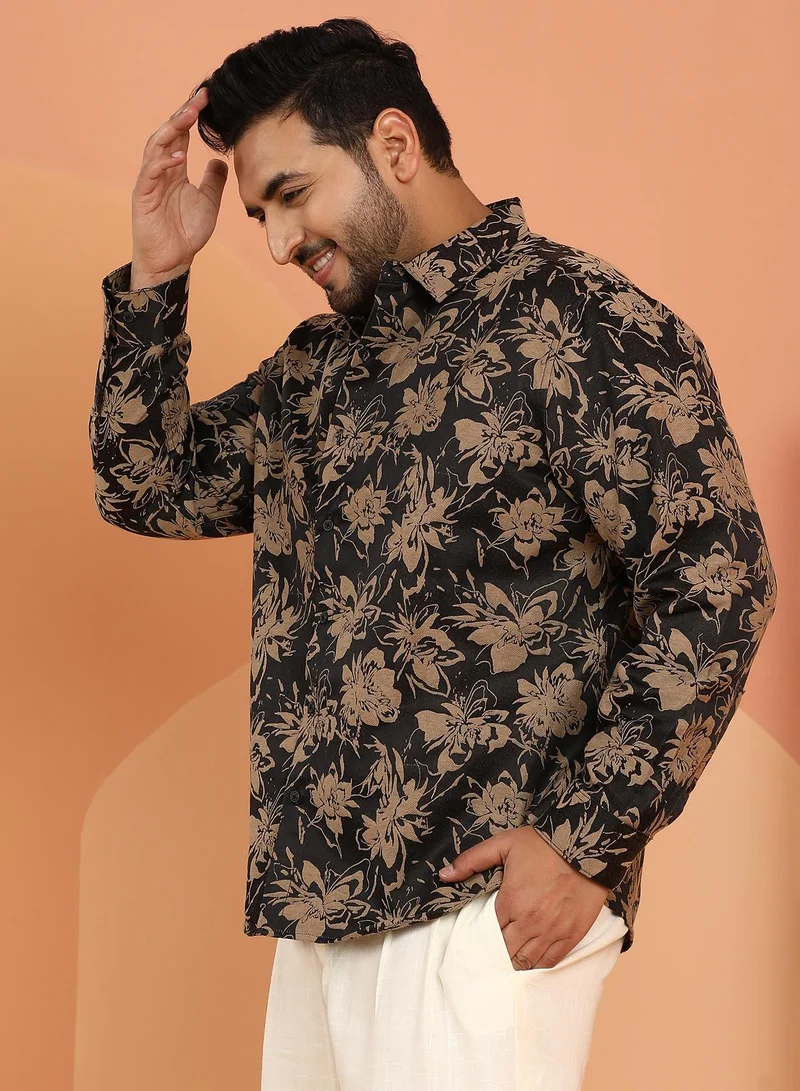 Instafab Plus Instafab Plus Men's Onyx Black & Camel Brown Contrast-Bloom Shirt For Casual Wear | Spread Collar | Long Cuffed Sleeves | Button Closure | Plus Size Shirt Crafted With Comfort Fit For Everyday Wear