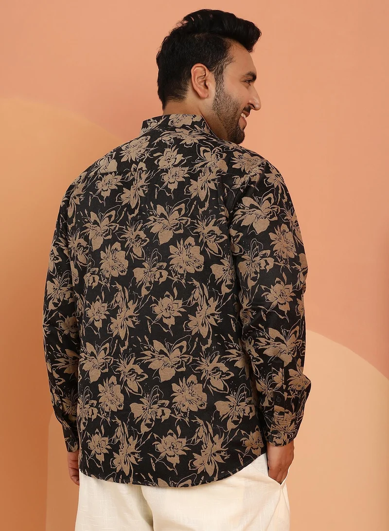 Instafab Plus Instafab Plus Men's Onyx Black & Camel Brown Contrast-Bloom Shirt For Casual Wear | Spread Collar | Long Cuffed Sleeves | Button Closure | Plus Size Shirt Crafted With Comfort Fit For Everyday Wear