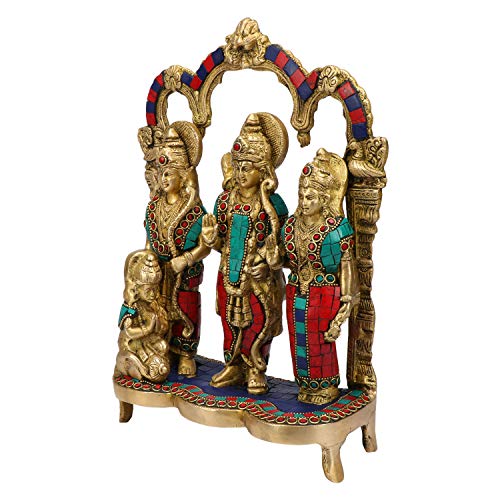 Kartique Brass Ram Darbar Idol | Lord Ram Sita Lakshman Hanuman Statue | Handcrafted Ram Parivar Murti for Pooja Room | Ram Navami and Housewarming Gift in Multicolor Height 11 Inch - Image 4