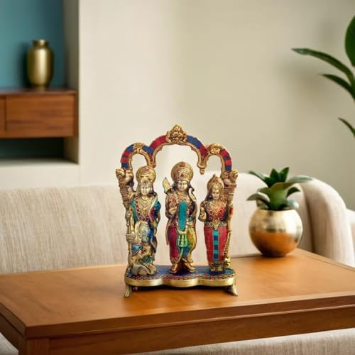 Kartique Brass Ram Darbar Idol | Lord Ram Sita Lakshman Hanuman Statue | Handcrafted Ram Parivar Murti for Pooja Room | Ram Navami and Housewarming Gift in Multicolor Height 11 Inch - Image 2