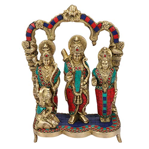 Kartique Brass Ram Darbar Idol | Lord Ram Sita Lakshman Hanuman Statue | Handcrafted Ram Parivar Murti for Pooja Room | Ram Navami and Housewarming Gift in Multicolor Height 11 Inch - Image 1