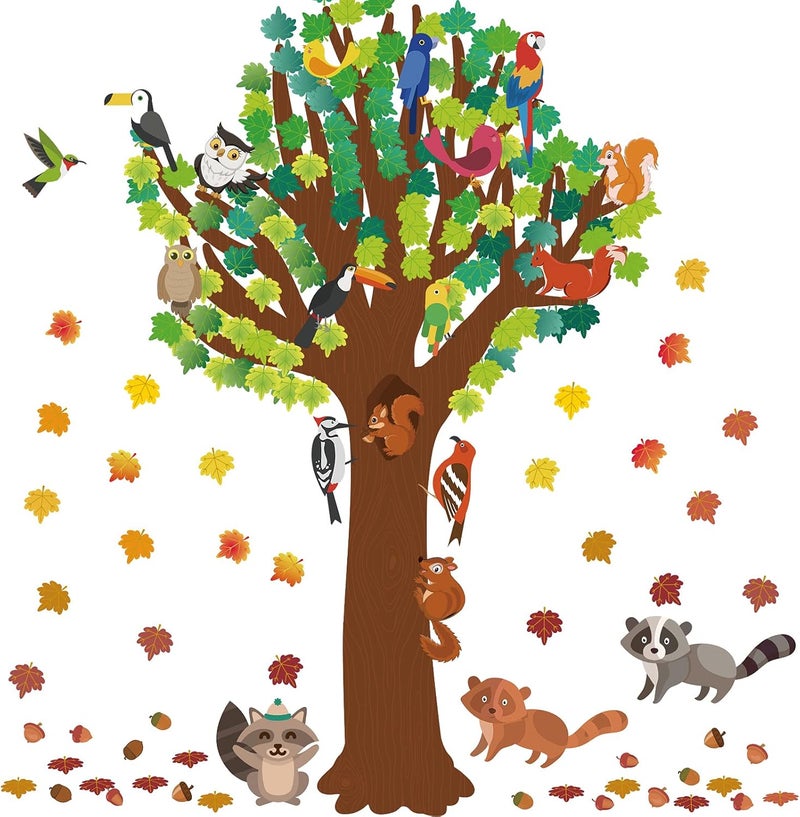klarako 163 Pcs Classroom Tree Bulletin Board Decoration Set Seasonal Summer Thanksgiving Autumn Fall Woodland Tree Cutout Flowers Maple Leaves Butterflies Bees Forest Animals Bird Cutouts (Elegant Style) - Image 1