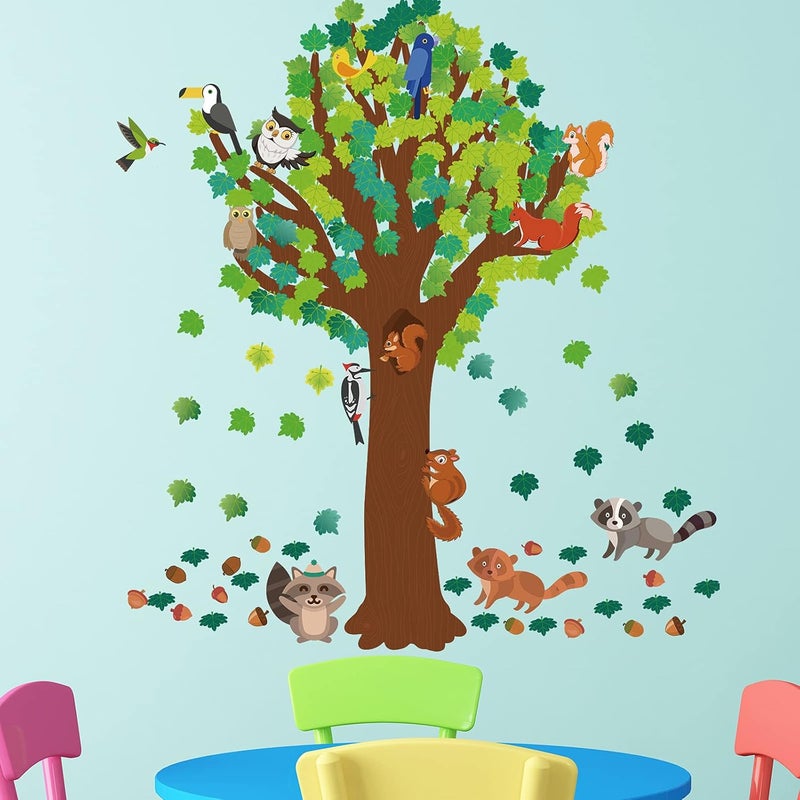 klarako 163 Pcs Classroom Tree Bulletin Board Decoration Set Seasonal Summer Thanksgiving Autumn Fall Woodland Tree Cutout Flowers Maple Leaves Butterflies Bees Forest Animals Bird Cutouts (Elegant Style) - Image 5