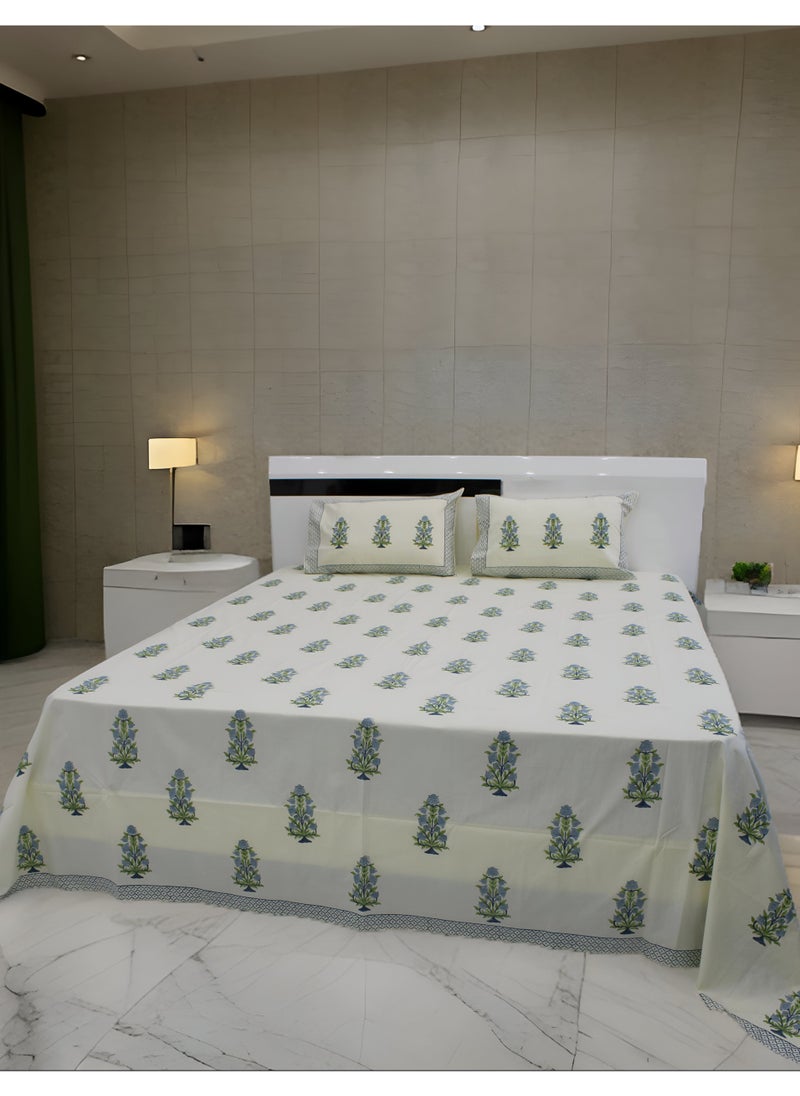 MARHABA CURTAIN 100% Cotton Jaipuri Handblock Print Double Bed Sheet with 2 Pillow Covers Premium Quality, Soft, Breathable (CREAMLILLY 07)  - Image 1