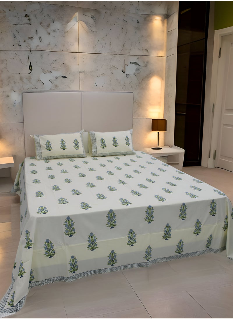 MARHABA CURTAIN 100% Cotton Jaipuri Handblock Print Double Bed Sheet with 2 Pillow Covers Premium Quality, Soft, Breathable (CREAMLILLY 07)  - Image 2