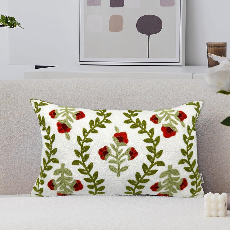 Alysheer Floral Embroidered Summer Lumbar Decorative Throw Pillow Cover 12x 20 Farmhouse Cottage Red Flowers Green Leaves Patterned Cotton Canvas Cushion Case for Sofa Couch Bed Living Room Decor