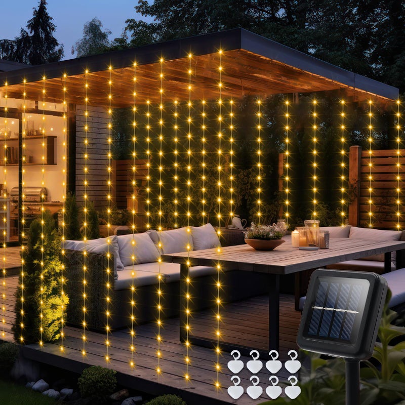 echosari Solar Curtain Lights 79ft x 6ft 144 LED Outdoor Curtain Lights Waterproof with Timer 8 Modes for Christmas Garden Patio Fence Wedding Wall Window Gazebo Decor Warm White