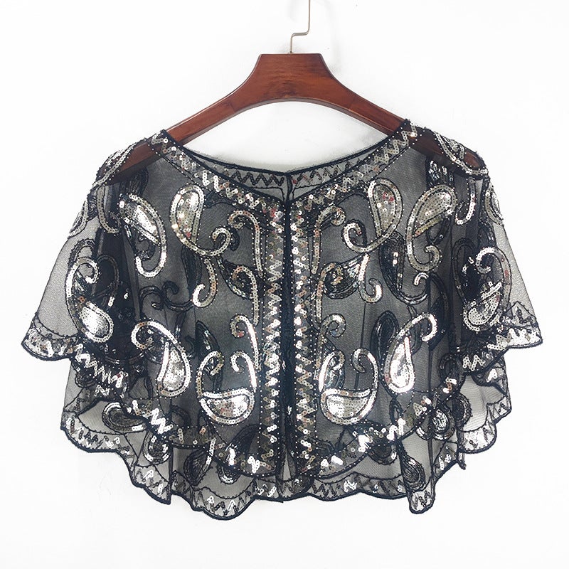 Sequin Shawl Womens Large Size European and American Summer Mesh Embroidered Beaded Pullover Sunscreen Short Coat Cross-border Trade Ware Black Silver